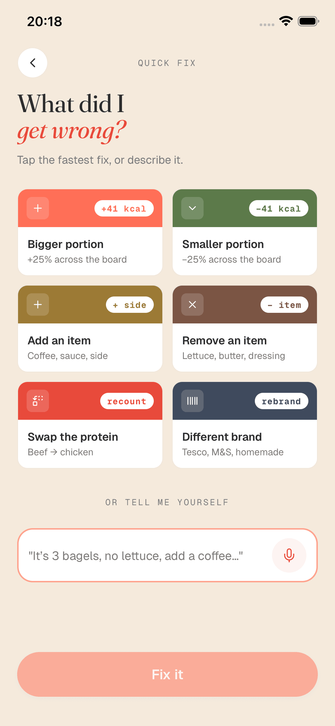 Quick fix screen for correcting a logged meal