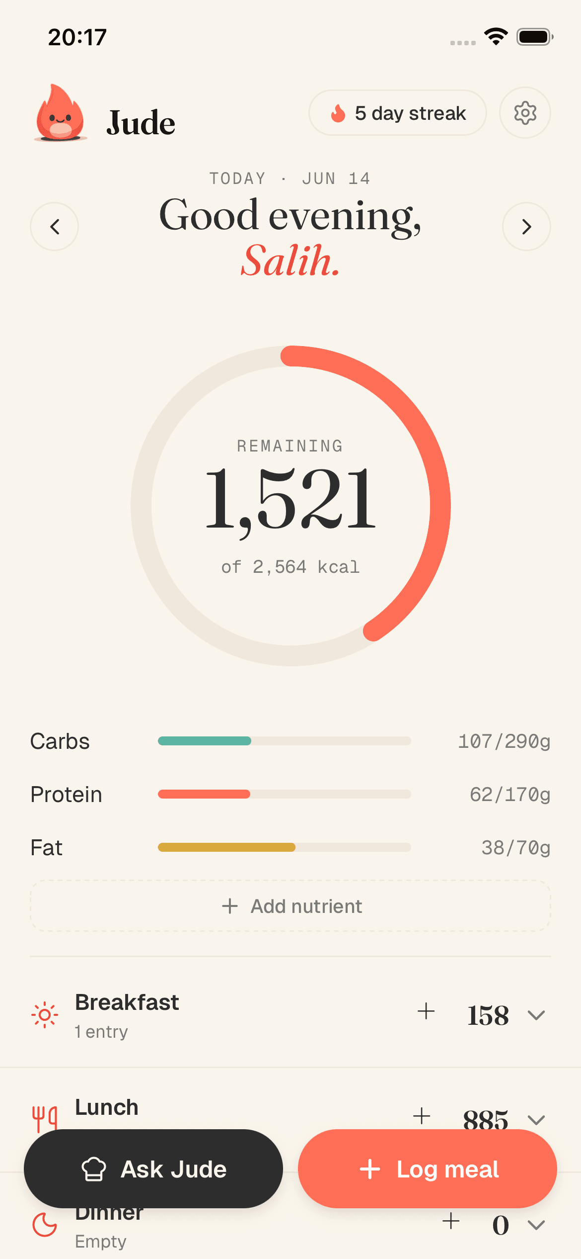 Jude home diary showing calories remaining and macros