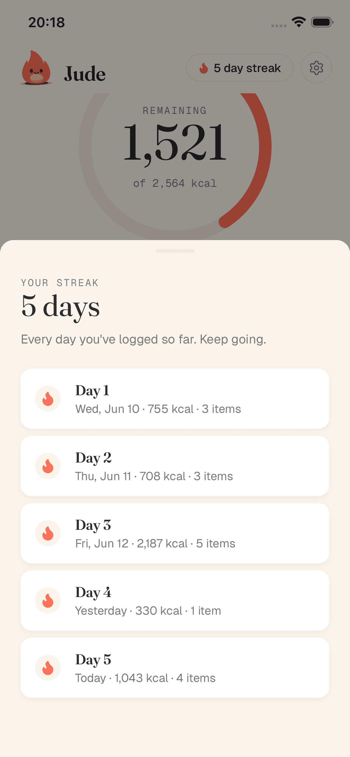Streak screen showing days logged